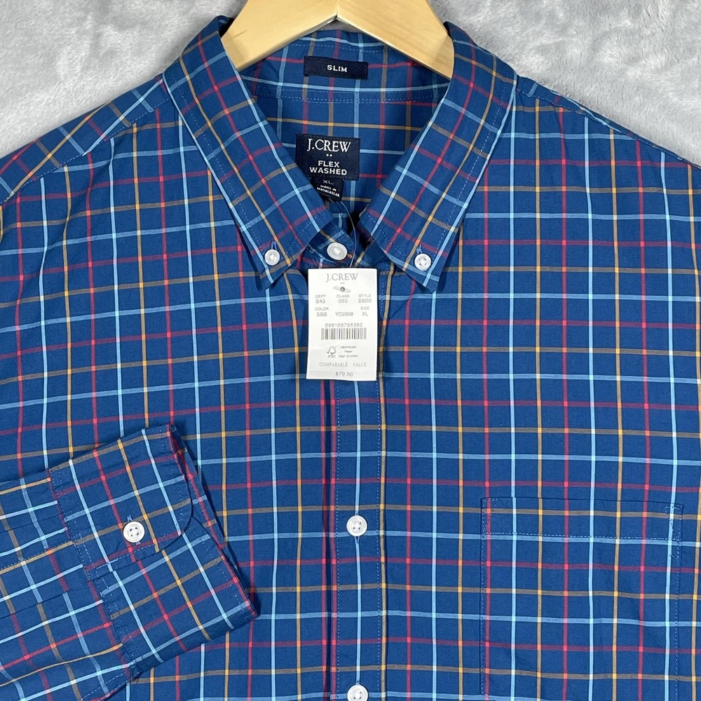 J.Crew Flex Washed Slim Fit Plaid Button Down Shirt Blue XL BI050 NWT Men's